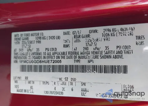 2017 Ford Escape Se из США, поврежденный, VIN 1FMCU0GD8HUE72005